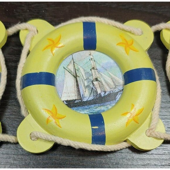 Nautical Wooden Lifebuoy Wall Hangings With Sailboat Designs Set Of 3 Vintage - Picture 6 of 9